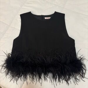 Black Feather Trim Sleeveless Top